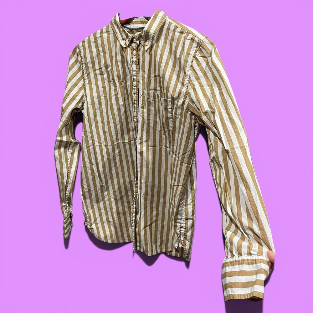 Cute J. Crew classic cotton caramel stripe button front blouse pocket button tab